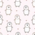 Penguin with hearts on pink background baby seamless pattern hand drawn cartoon pattern for baby clothes, blanket pattern or print Royalty Free Stock Photo