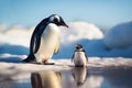 penguin with his cub among the snow and ice floes on a sunny clear day