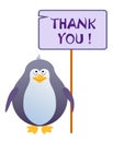 Penguin holds a sign with an inscription thank you