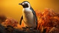 Photorealistic Penguin Sitting With Red Leaves In Vray Tracing