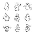 Penguin isolated hand drawn illustration.Vector set of different penguins with ballon,gif.Cartoon animals for kids