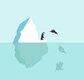 Penguin jump in water with North pole Arctic Iceberg