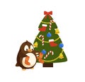 Penguin with Knitted Socks near Christmas Tree