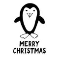 Penguin and lettering merry christmas. template card, poster, wish, invitation. sketch hand drawn doodle. vector scandinavian