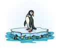 Penguin, melting ice and polluted sea