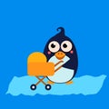 Penguin Mom and Baby in Stroller. Vector Royalty Free Stock Photo