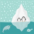 Penguin, narwhal and seal family Iceberg Blue water Snow in the sky Flat design Winter background