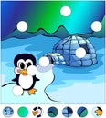 Penguin near the igloo and northern lights in the sky. Royalty Free Stock Photo