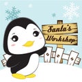 penguin near santas workshop. Vector illustration decorative design