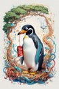 Penguin in the nest with a red pepsi can, 3d render