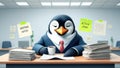 Penguin in office suit working at desk with paperwork stacks in bright modern workplace setting Royalty Free Stock Photo