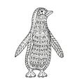 Penguin. Ornament Embroidery. Hand Drawn Pattern. Outline Black & White