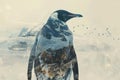 A penguin overlaid with an icy Antarctic landscape in a double exposure