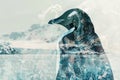 A penguin overlaid with an icy Antarctic landscape in a double exposure
