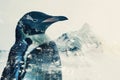 A penguin overlaid with an icy Antarctic landscape in a double exposure