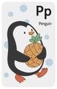 Penguin P letter. A-Z Alphabet collection with cute cartoon animals in 2D. Penguin going aside and carrying present