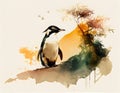 The penguin painted in the way of chinese style with chinese plant in background.