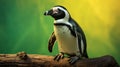 Photorealistic Penguin On Wood Branch With Vibrant Junglepunk Background