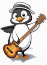 Penguin playing guitar. Cheerful cartoon character