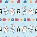 Penguin Polar Bear Bunny Rabbit Scarf Cup Ball Balls Christmas Seamless Pattern