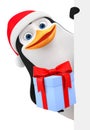 Penguin in a red hat gives a gift. 3d rendering. Christmas illustration