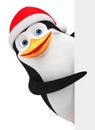 Penguin in a red hat points to an empty board on a white background. 3D rendering illustration. New Year