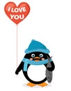 Penguin with red heart balloon and fish