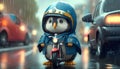 Penguin riding a motorcycle on a rainy day. 3D rendering.