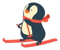 Penguin riding on skis on snow. Penguin cartoon vector illustration Royalty Free Stock Photo