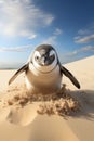 a penguin running out of sand