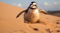 a penguin running on sand