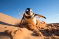 a penguin running through sand