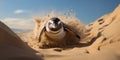 a penguin running through sand