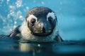 A penguin with sad eyes swimming towards the camera. AI generated