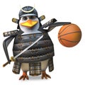 Penguin samurai warrior in armour holding a basketball and katana sword, 3d illustration