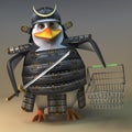 Penguin Samurai Warrior Character In 3d Holding A Sword And Shopping Basket, 3d Illustration