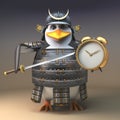 Penguin samurai warrior 3d character points his katana sword at his alarm clock, 3d illustration