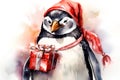 Penguin in Santa Claus hat with gift. Watercolor illustration.