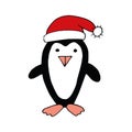 Penguin in santa claus hat hand drawn doodle. single element for design icon, sticker, card, poster. scandinavian, minimalism, Royalty Free Stock Photo