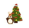 Penguin in Santa Hat near Decorated Christmas Tree