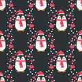 Penguin seamless pattern background. Cute Christmas cartoon doodle vector illustration with hearts