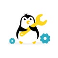 Penguin service-center. Repair of refrigerators and freezers. Mascot cartoon vector illustration.