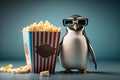 Penguin sits in 3D glasses in the cinema hall, eats popcorn. Photorealistic image created by artificial intelligence