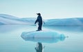 A penguin sits on an iceberg in the middle of the ocean