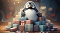 A penguin sits on top of a pile of presents, AI