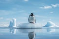 Penguin sitting on ice floe with reflection in water, single penguin on a piece of ice, AI Generated