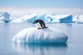 Penguin sitting on a iceberg in the arctic, Antarctic waters, A lone penguin on a melting ice floe representing climate change and