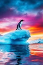 A penguin sitting on top of an iceberg in the ocean Royalty Free Stock Photo