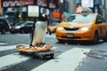 penguin skateboarding in new york on a pizza Generative AI
