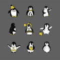 Penguin sketch illustration.Vector set of different penguins with ballon,gif.Cartoon animals for kids.Penguins